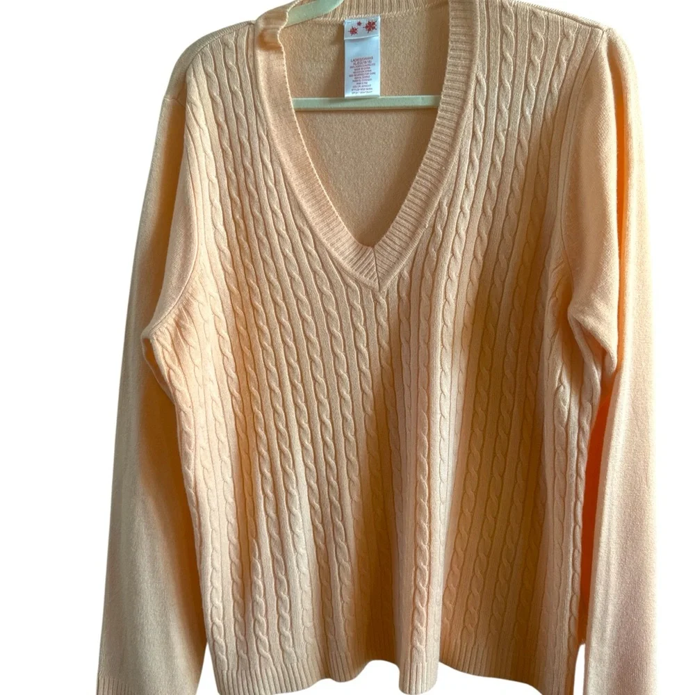 E.S. Sutton Inc. Women's Soft‎ V-Neck Pullover Apricot Cable Knit Sweater Sz XL